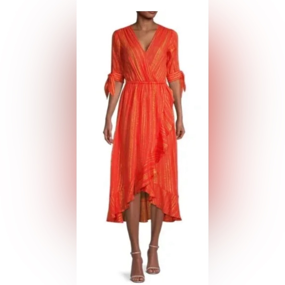 MICHAEL MICHAEL KORS Metallic Stripe Ruffled Beach Dress In Sangria  Size Small